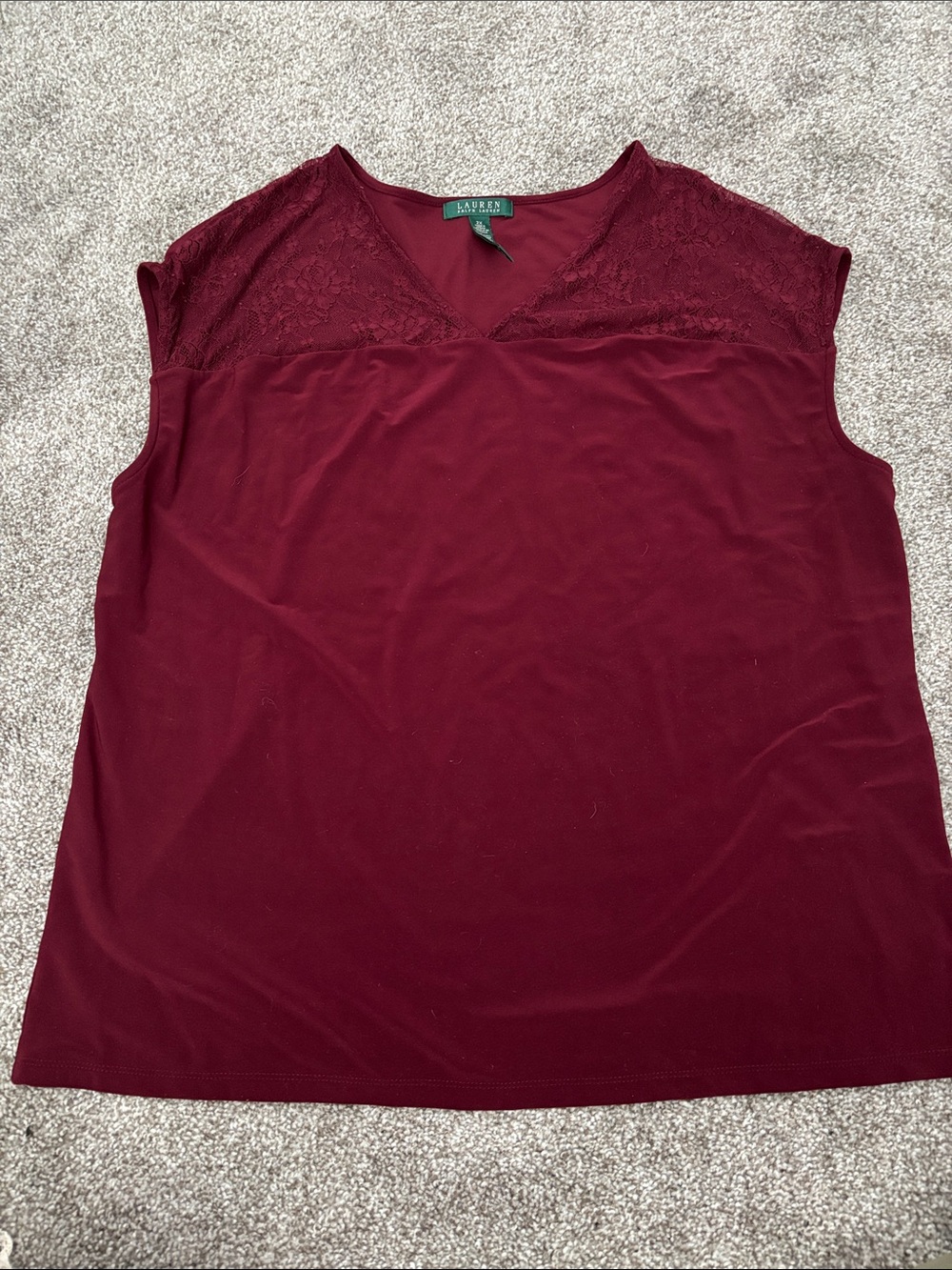 Lauren Ralph Lauren Burgundy Lace Yoke Sleeveless V-Neck Top